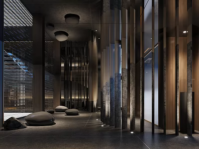 Modern Elegant Hotel Corridor Interior Design With Wooden Panels Ambient Lighting And Decorative Stones 3d model