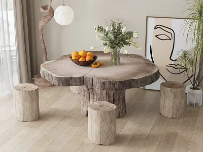 Natural Wooden Round Reception Desk with Flower Vase and Abstract Painting in Interior 3d model