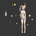 Pink Haired Female Character Surrounded By Small Winged Creatures Yellow Spheres And Star Shapes