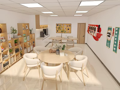 Modern Cozy Lounge Area With Round Table White Chairs Bookshelves And Plants 3d model