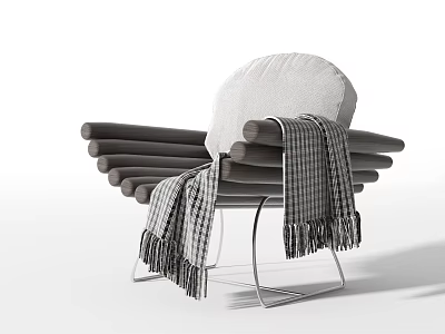 Modern Leisure Chair With Wooden Slats Metal Frame Round White Cushion And Plaid Tassel Blanket 3d model