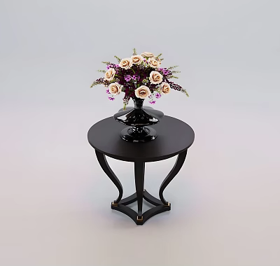 Elegant Flower Arrangement With Pink White Roses And Purple Flowers On Black Round Side Table 3d model