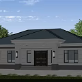Detached Villa Exterior With White Walls Dark Roof Front Porch And Green Lawn