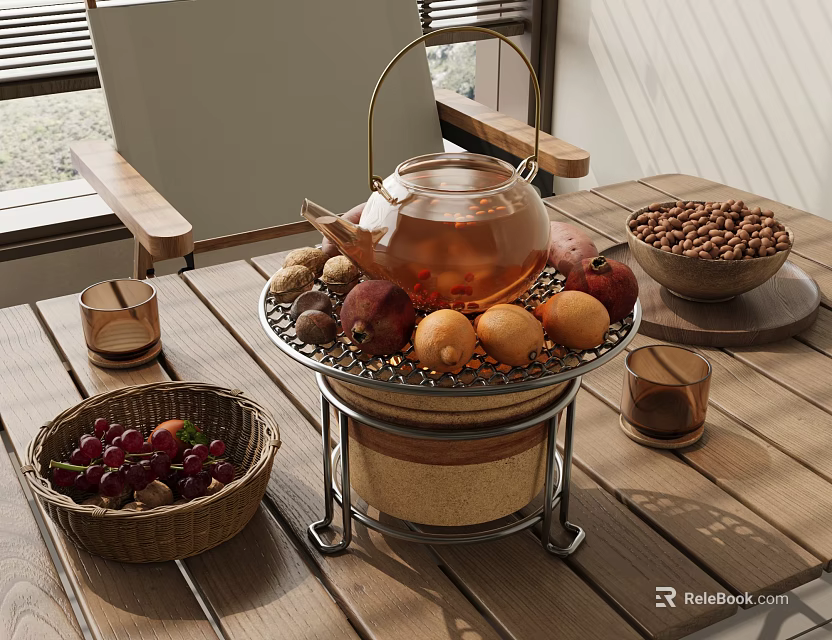 Elegant Tea Set with Copper Glass Teapot on Metal Stand Wooden Table and Fruits Nuts 3d model 