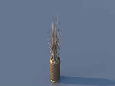 Decorative Ornament Set With Woven Vase And Tall Slender Dried Grass 3d model