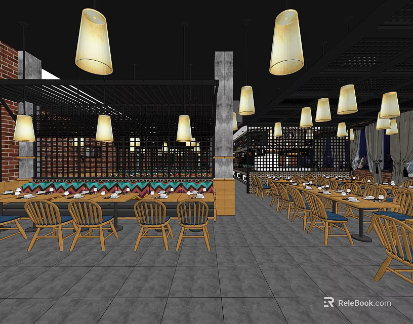 Modern Restaurant Interior With Hanging Pendant Lights Wooden Tables Grid Partition And Brick Wall 3d model 