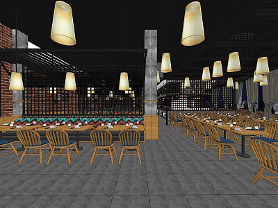 Modern Restaurant Interior With Hanging Pendant Lights Wooden Tables Grid Partition And Brick Wall 3d model
