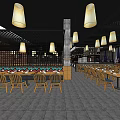 Modern Restaurant Interior With Hanging Pendant Lights Wooden Tables Grid Partition And Brick Wall