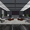 Modern Night Lounge Interior With Gray Sofas Red Ottomans Floor Lamps And City Skyline View