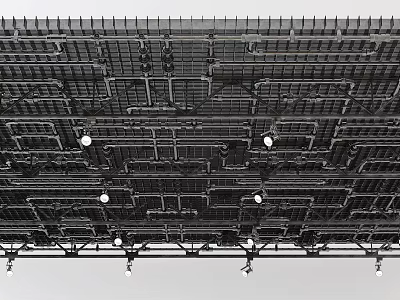 Industrial Ceiling Structure Featuring Metal Grid Framework And Hanging Light Fixtures 3d model