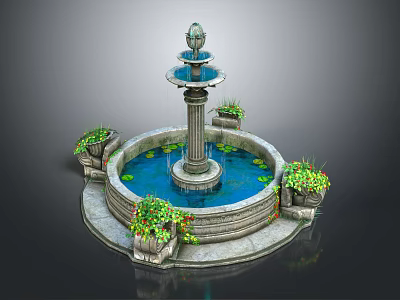 Garden Ornament Decorative Fountain Design With Circular Water Basin Surrounding Flower Pots And Blooming Flowers 3d model