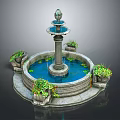 Garden Ornament Decorative Fountain Design With Circular Water Basin Surrounding Flower Pots And Blooming Flowers