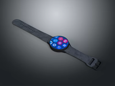 Stylish Smartwatch with Gray Fabric Strap and Colorful Icons Digital Dial Design 3d model