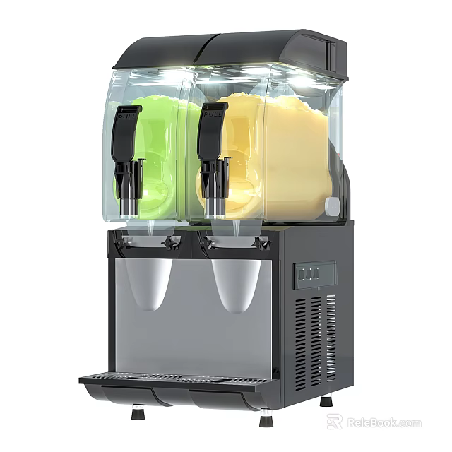 Cafe Dual Tank Slush Machine With Green And Yellow Slush Transparent Containers And White Cups 3d model 