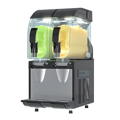 Cafe Dual Tank Slush Machine With Green And Yellow Slush Transparent Containers And White Cups 3d model