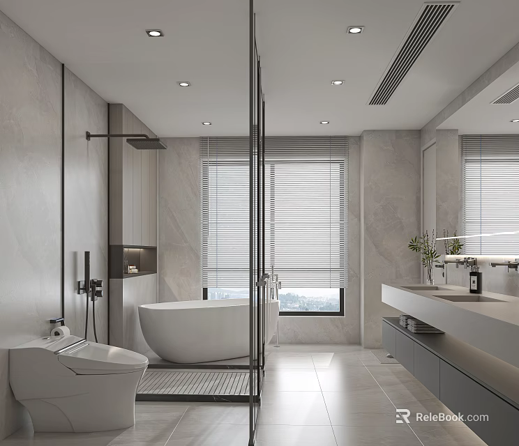 Modern Bathroom Interior Design With Bathtub Glass Shower Enclosure Vanity And Windows Blinds 3d model 