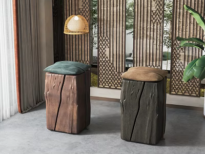 Wooden Stools With Upholstered Seats In Indoor Space With Woven Screen And Plant 3d model
