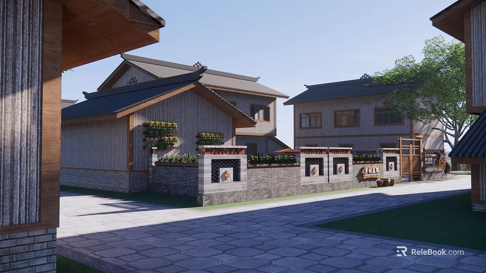 Rural Self Built House In Traditional Chinese Style With Wooden Structure Tile Roof And Courtyard 3d model 