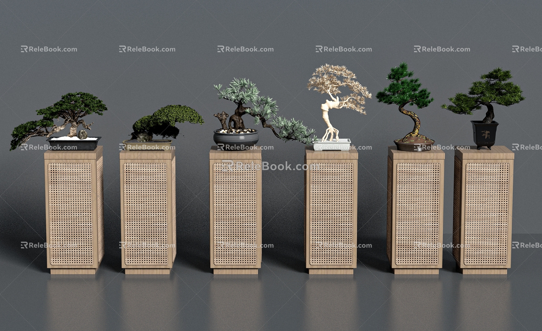 New Chinese-style Rattan Set Table Pine Bonsai 3d model