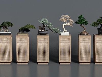 New Chinese-style Rattan Set Table Pine Bonsai 3d model