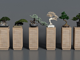 New Chinese-style Rattan Set Table Pine Bonsai 3d model