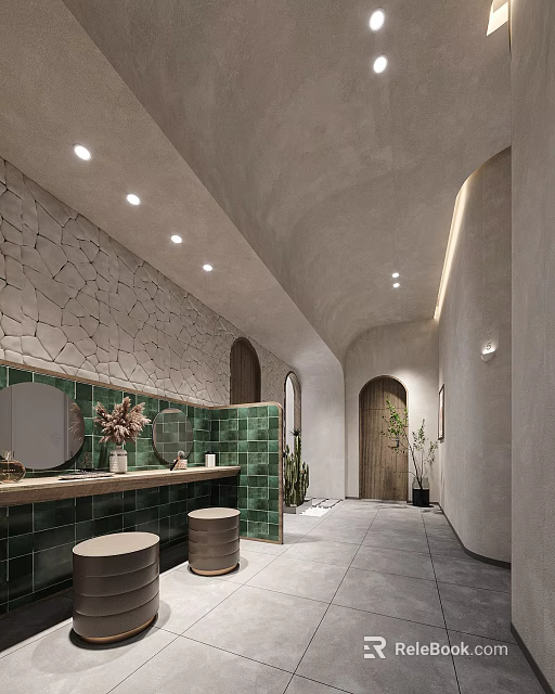 Luxury Beauty Salon Interior With Green Tile Walls Stone Accent And Vanity Mirrors 3d model 