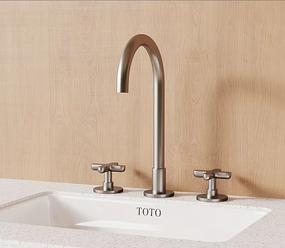 Modern TOTO Faucet With Dual Handles On White Countertop And Wooden Wall 3d model
