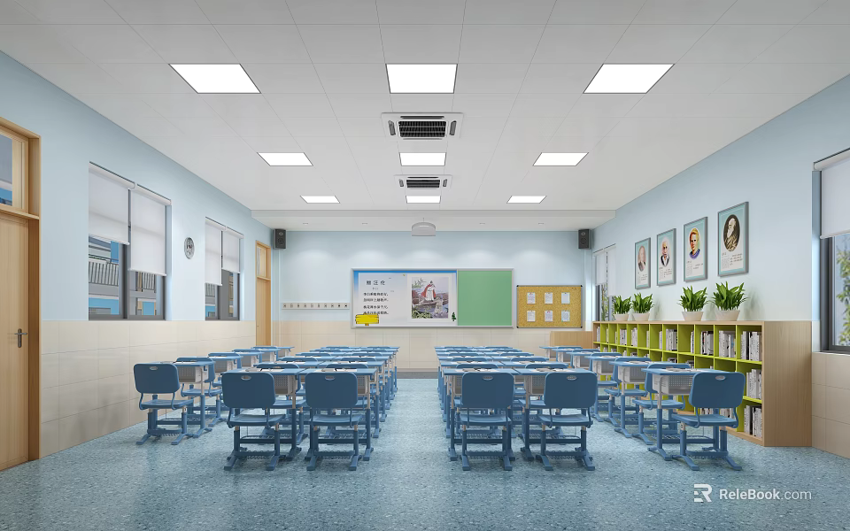 School Classroom Interior With Neatly Arranged Blue Desks Chairs Green Bookshelves Whiteboard And Windows 3d model 