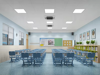 School Classroom Interior With Neatly Arranged Blue Desks Chairs Green Bookshelves Whiteboard And Windows 3d model