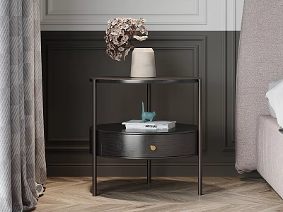 Modern Black Nightstand With Metal Frame Round Top And Floral Vase Books On Wooden Floor 3d model