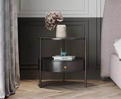 Modern Black Nightstand With Metal Frame Round Top And Floral Vase Books On Wooden Floor 3d model