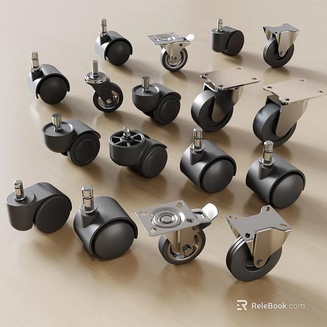 Various Types of Casters with Black Wheels and Metal Brackets on Wooden Surface 3d model 