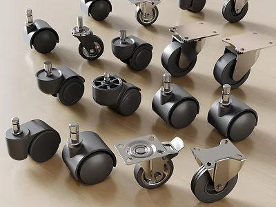 Various Types of Casters with Black Wheels and Metal Brackets on Wooden Surface 3d model