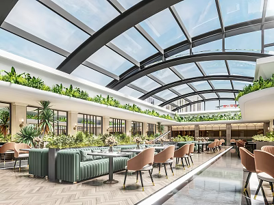 Modern Restaurant Interior Design With Glass Roof Green Plants Natural Light And Seating 3d model