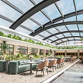 Modern Restaurant Interior Design With Glass Roof Green Plants Natural Light And Seating