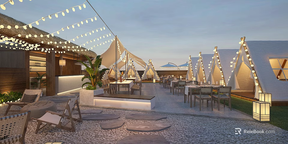 Outdoor Restaurant With White Tents String Lights Tables Chairs Green Plants Pebble Ground Evening 3d model 
