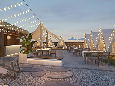 Outdoor Restaurant With White Tents String Lights Tables Chairs Green Plants Pebble Ground Evening 3d model