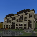 Elegant Townhouse Exterior With Scenic Balconies Fountain Pond And Greenery