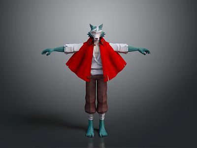Horned Teal Skin Game and Movie Character With Red Cape White Shirt and Brown Pants 3d model