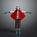 Horned Teal Skin Game and Movie Character With Red Cape White Shirt and Brown Pants