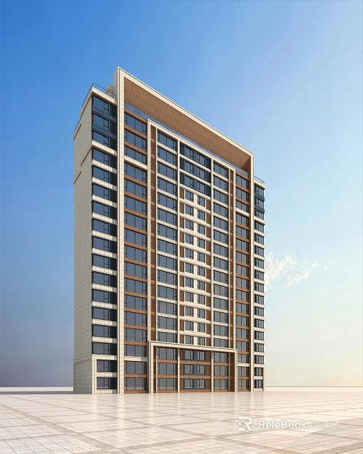 Modern High Rise Residential Building with Glass Curtain Walls Under Blue Sky and White Clouds 3d model 