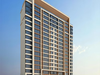 Modern High Rise Residential Building with Glass Curtain Walls Under Blue Sky and White Clouds 3d model