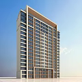 Modern High Rise Residential Building with Glass Curtain Walls Under Blue Sky and White Clouds