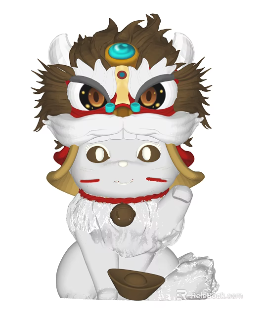 Decorative Ornament Set Featuring Lion Dance Head Lucky Cat With Red Blue Gold Accents 3d model 