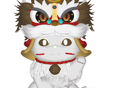 Decorative Ornament Set Featuring Lion Dance Head Lucky Cat With Red Blue Gold Accents 3d model