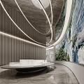 Modern Sales Office Interior With Large Screen Property Model Display And Curved White Reception Desk
