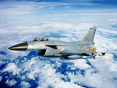Modern Fighter Jet Flying Over Clouds With Missiles And Military Insignia 3d model
