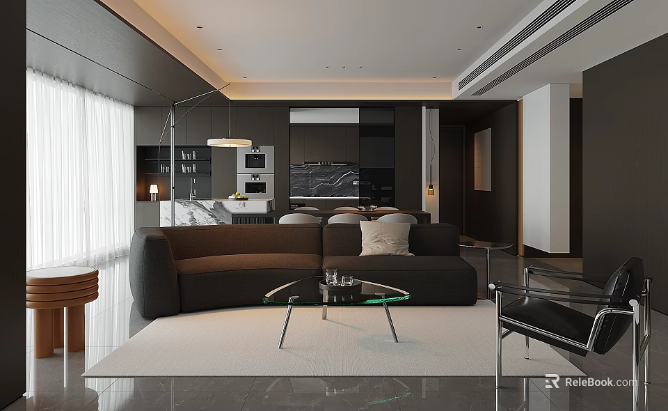 Modern Living Dining Room Interior With Dark Sofa Coffee Table And Area Rug Lighting 3d model 