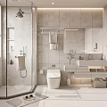 Modern Bathroom Interior With Glass Shower Enclosure Stone Walls Vanity Mirror And Storage