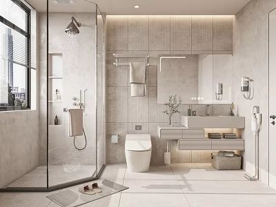Modern Bathroom Interior With Glass Shower Enclosure Stone Walls Vanity Mirror And Storage 3d model